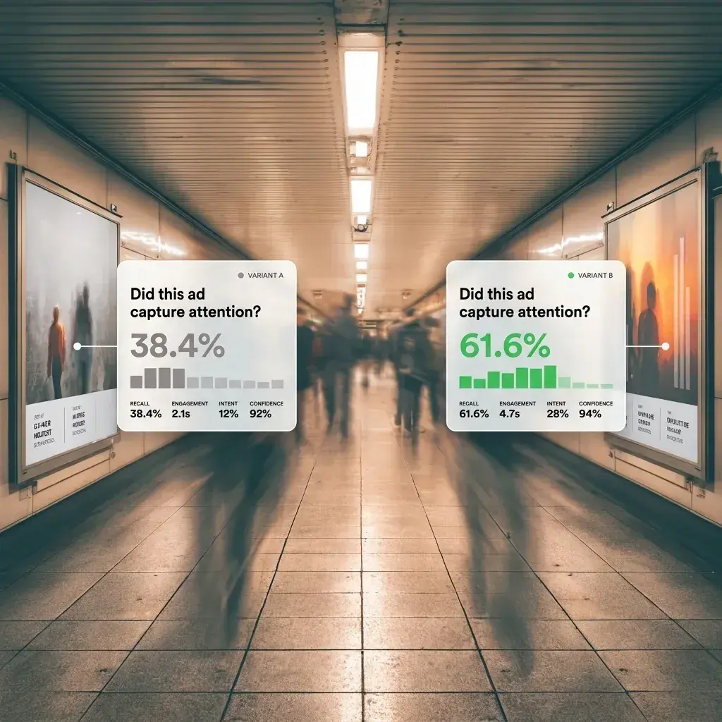 Audience reacting to ad creative variants in a subway corridor